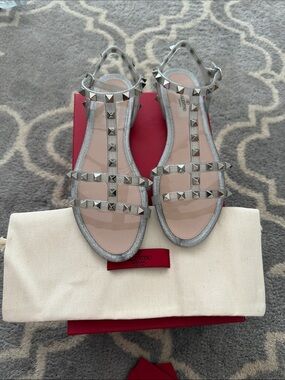 Valentino Silver Rockstud T‑Strap Sandals